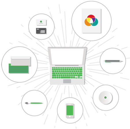 Graphic design services illustration with laptop surrounded by business cards, envelopes, smartphone, and creative tools icons