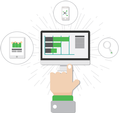 PPCImage Digital marketing analytics illustration with hand pointing at desktop dashboard, tablet, smartphone, and magnifying glass icons
