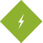 blurb_diamond_lightning Green diamond-shaped icon featuring a lightning bolt symbol representing fast and powerful performance