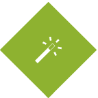 blurb_diamond_wand Green diamond-shaped icon featuring a magic wand symbol representing creative design services