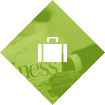 diamond-business Green diamond-shaped icon with white briefcase symbol overlaid on business newspaper background, representing professional services