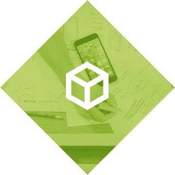 Green diamond-shaped icon with white 3D cube symbol overlaid on smartphone and wireframe sketches, representing product design services