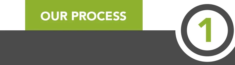 "Our Process" step one banner with green header and circled number 1, representing the first stage of a business workflow