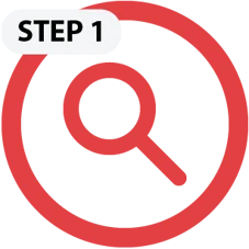 step1 Red circular "Step 1" icon with magnifying glass illustration, representing the research or discovery phase in a business workflow