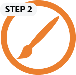 step2 Orange circular "Step 2" icon with paintbrush illustration, representing the creative design phase in a business workflow process