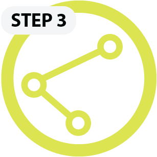 step3 Yellow-green circular "Step 3" icon with connected nodes illustration, representing the sharing or distribution phase in a business workflow