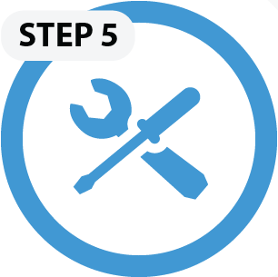 step5 Blue circular "Step 5" icon with crossed wrench and screwdriver, representing the maintenance or optimization phase in a business workflow